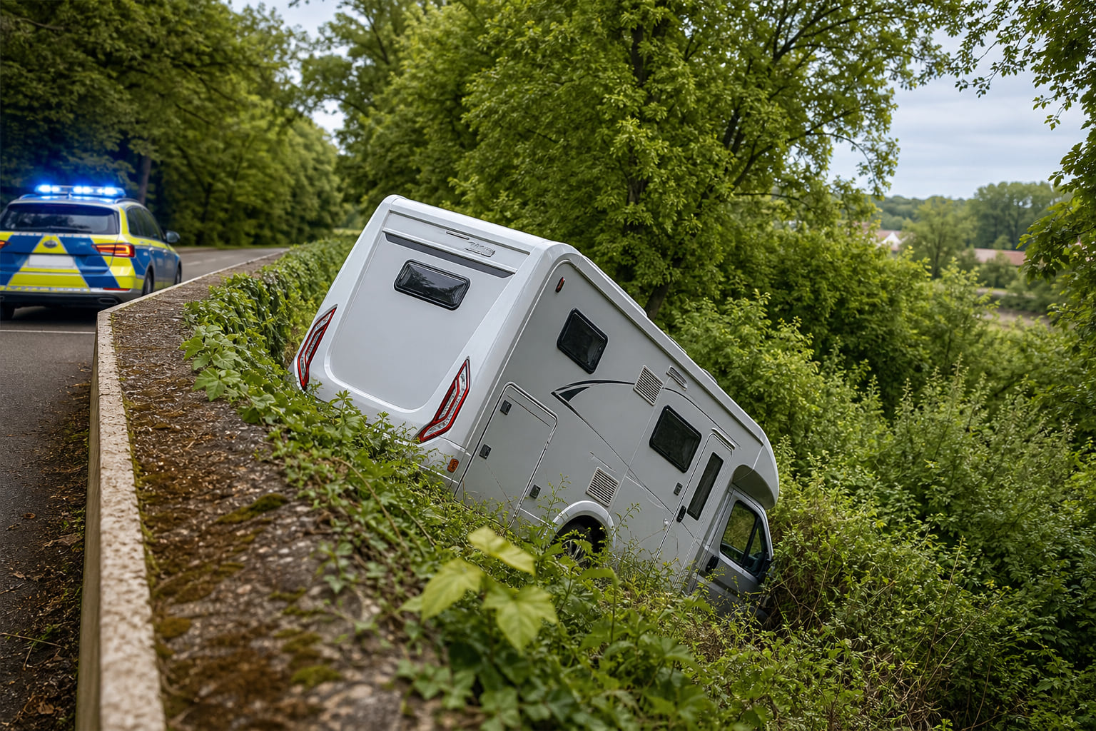 Wohnmobil stürzt sechs Meter in die Tiefe: Unfall am Parkplatz Rheinaue in Germersheim