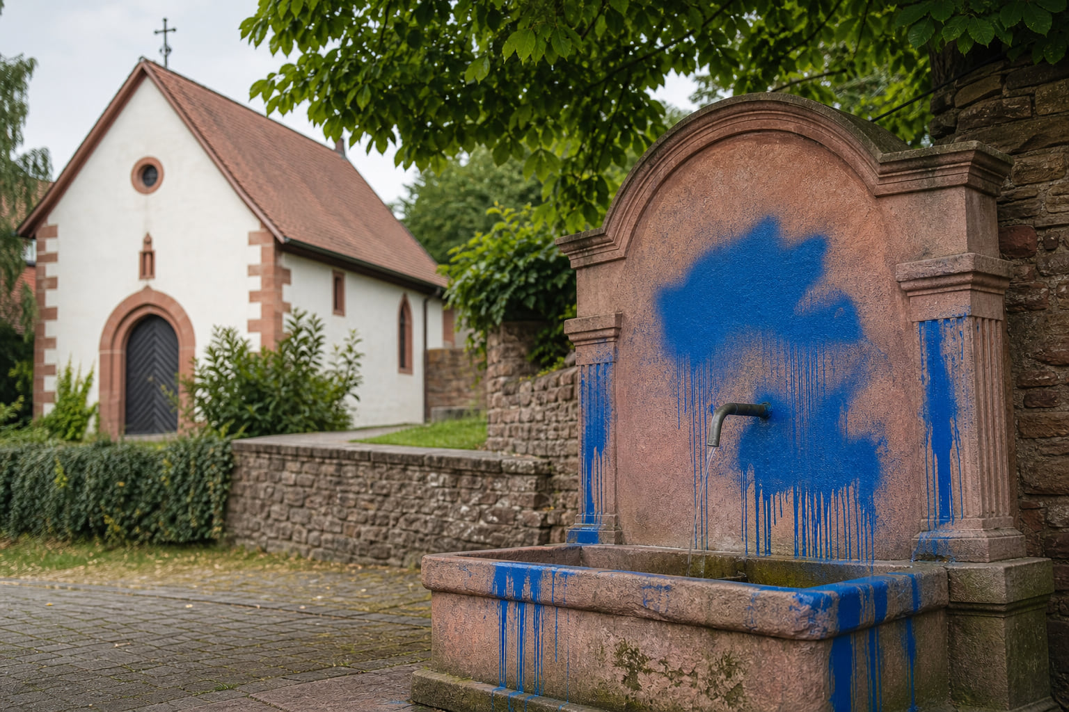Vandalismus in Gleiszellen-Gleishorbach: Zierbrunnen "Am Falltor" mit blauer Sprühfarbe beschädigt
