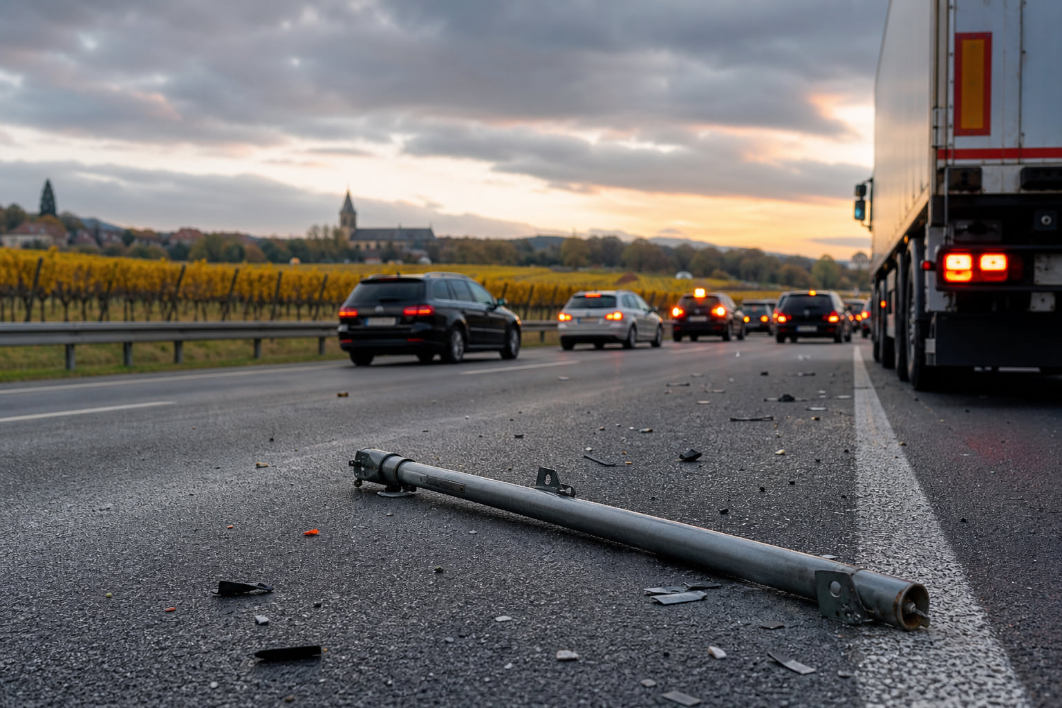 Jockgrim: LKW verliert Haltestange auf der B9 – acht Fahrzeuge beteiligt