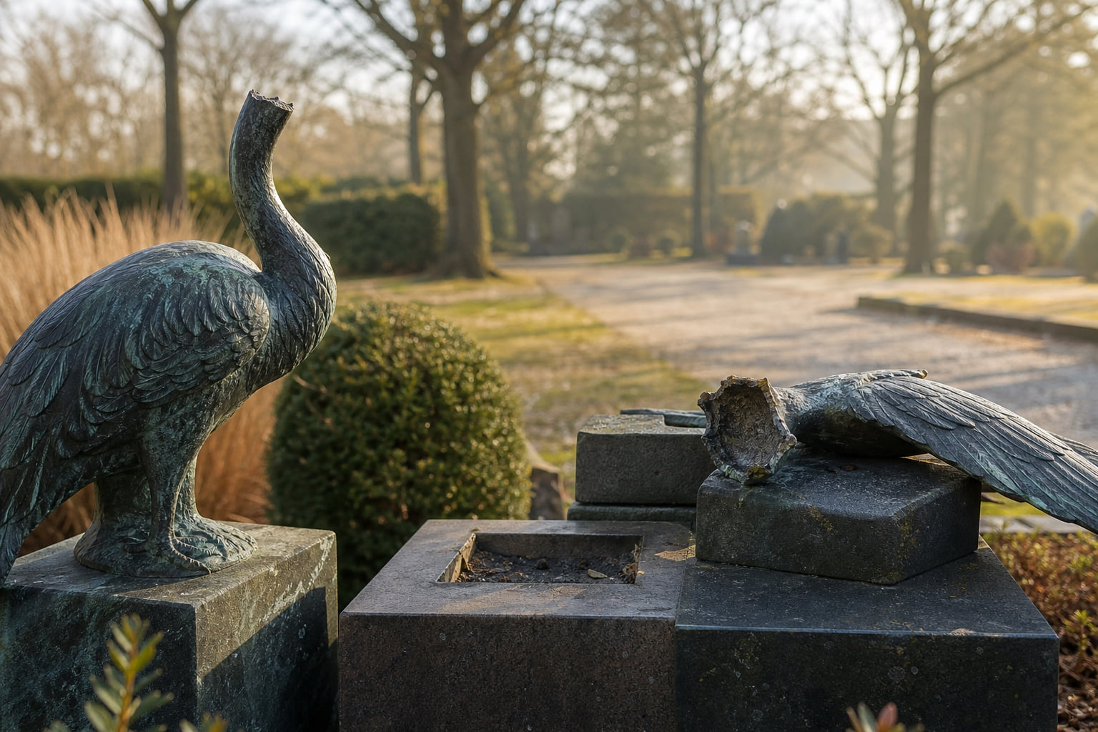 Bronzefiguren von Gräbern gestohlen: Diebe wüten im Vogelpark Germersheim